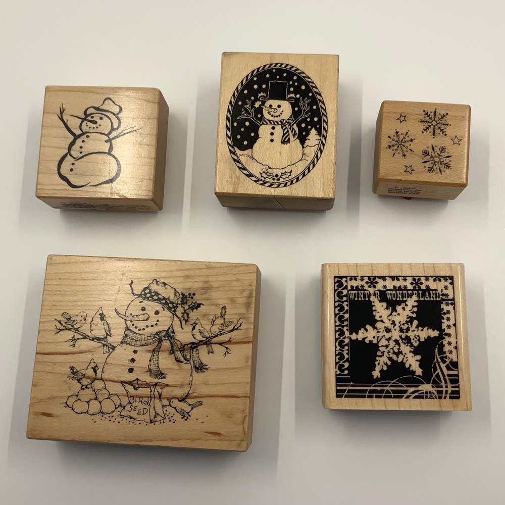 Vintage PSX Inkadinkado Snowman Snowflake Rubber Stamp Lot Wood 5pc